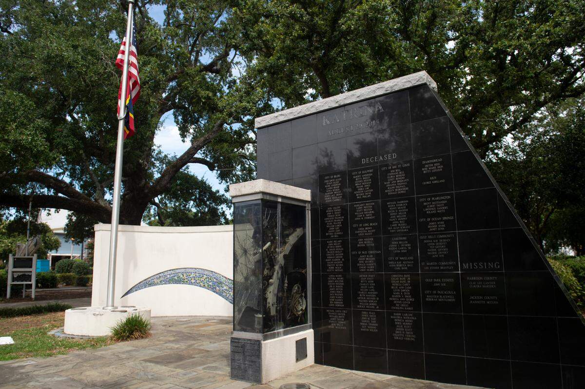 A Hurricane Katrina memorial, built as a part of ABC’s “Extreme Makeover: Home Edition” in 2006, stands at Town Green in Biloxi. The memorial has since been vandalized.