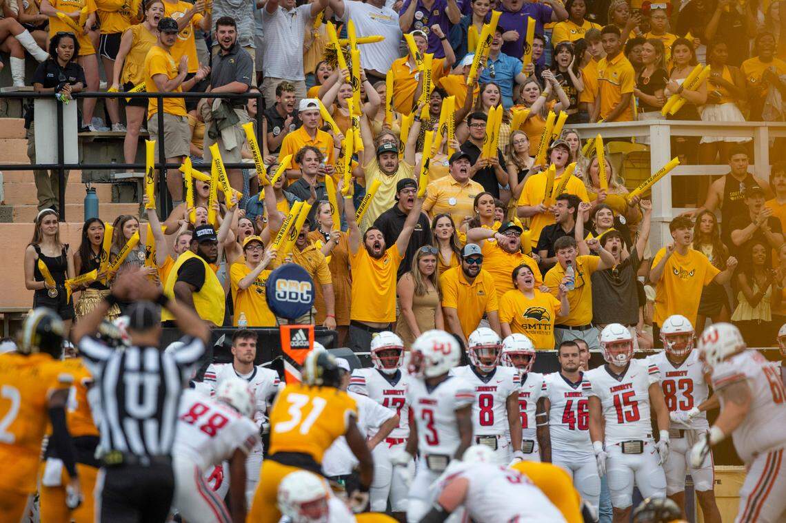 Southern Mississippi fans cheer during a NCAA college football game against Liberty in Hattiesburg, Miss., Saturday, Sept. 3, 2022. Southern Mississippi lost 29-27