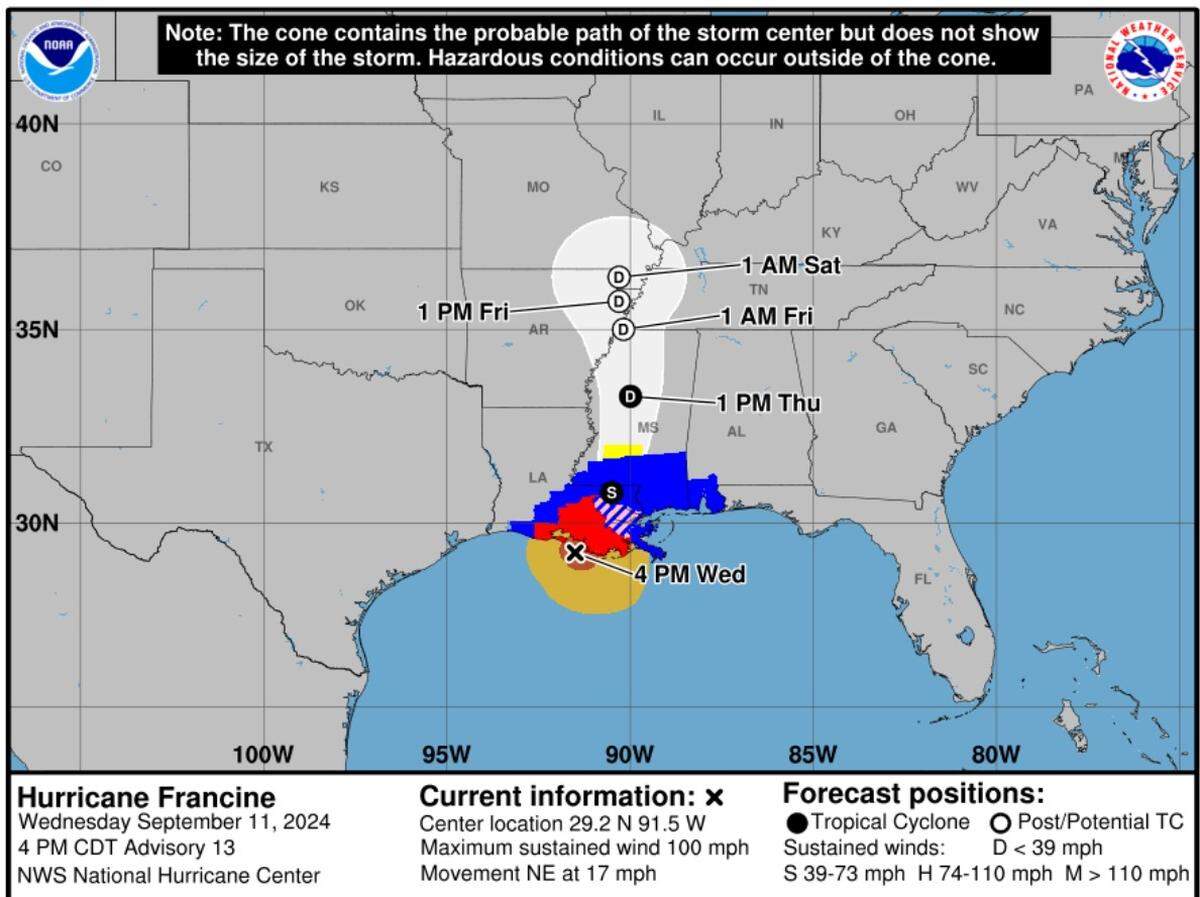 Hurricane Francine was upgraded to a Category 2 storm in the 4 p.m. update from the National Hurricane Center.