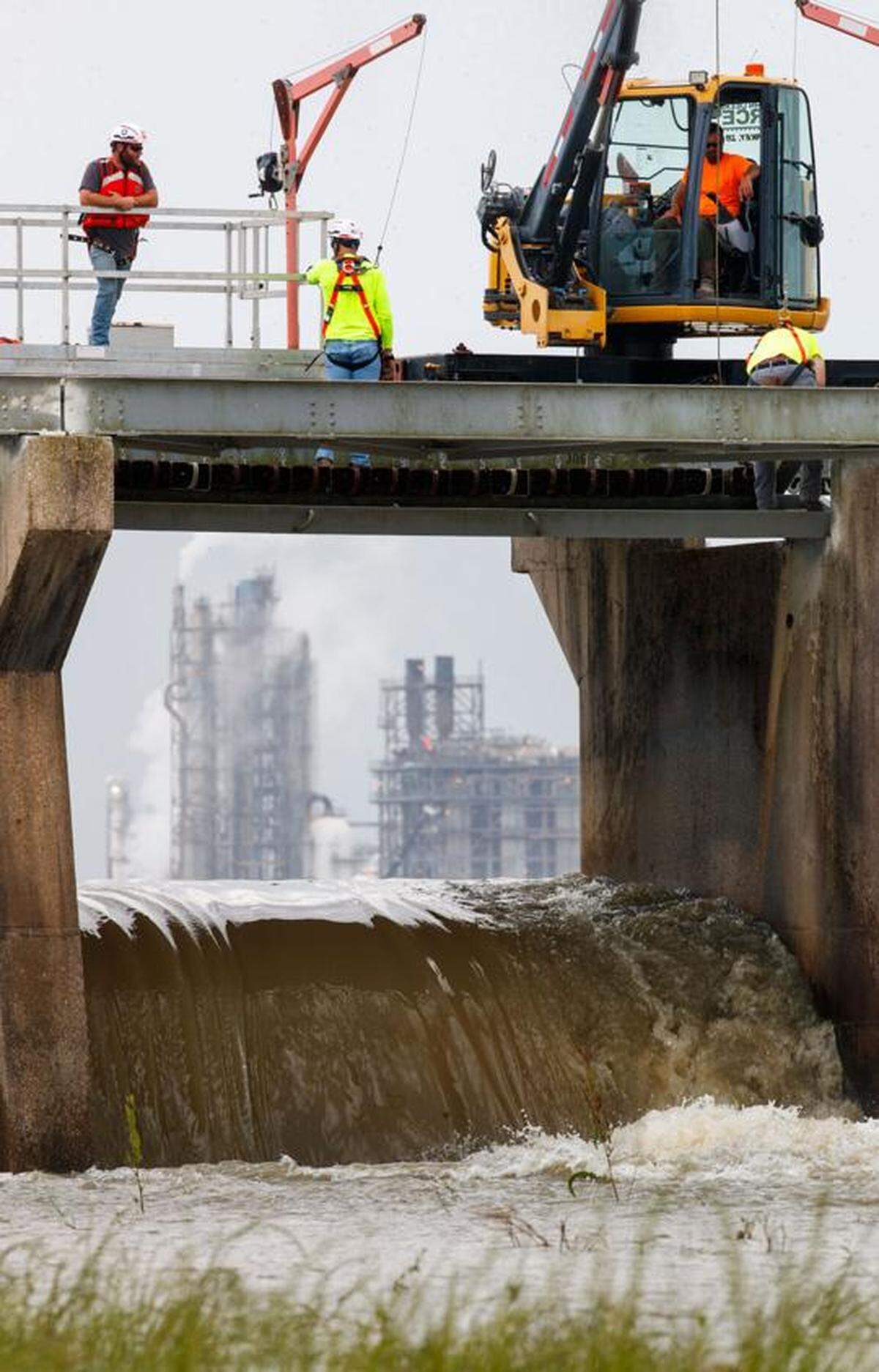 The U.S. Army Corps of Engineers test opening the Bonnet Carre Spillway in Norco, Louisiana, as the Mississippi River nears flood stage, Monday, April 21, 2025. The test was for possible later opening if conditions warrant. It would be first spillway opening since 2020.