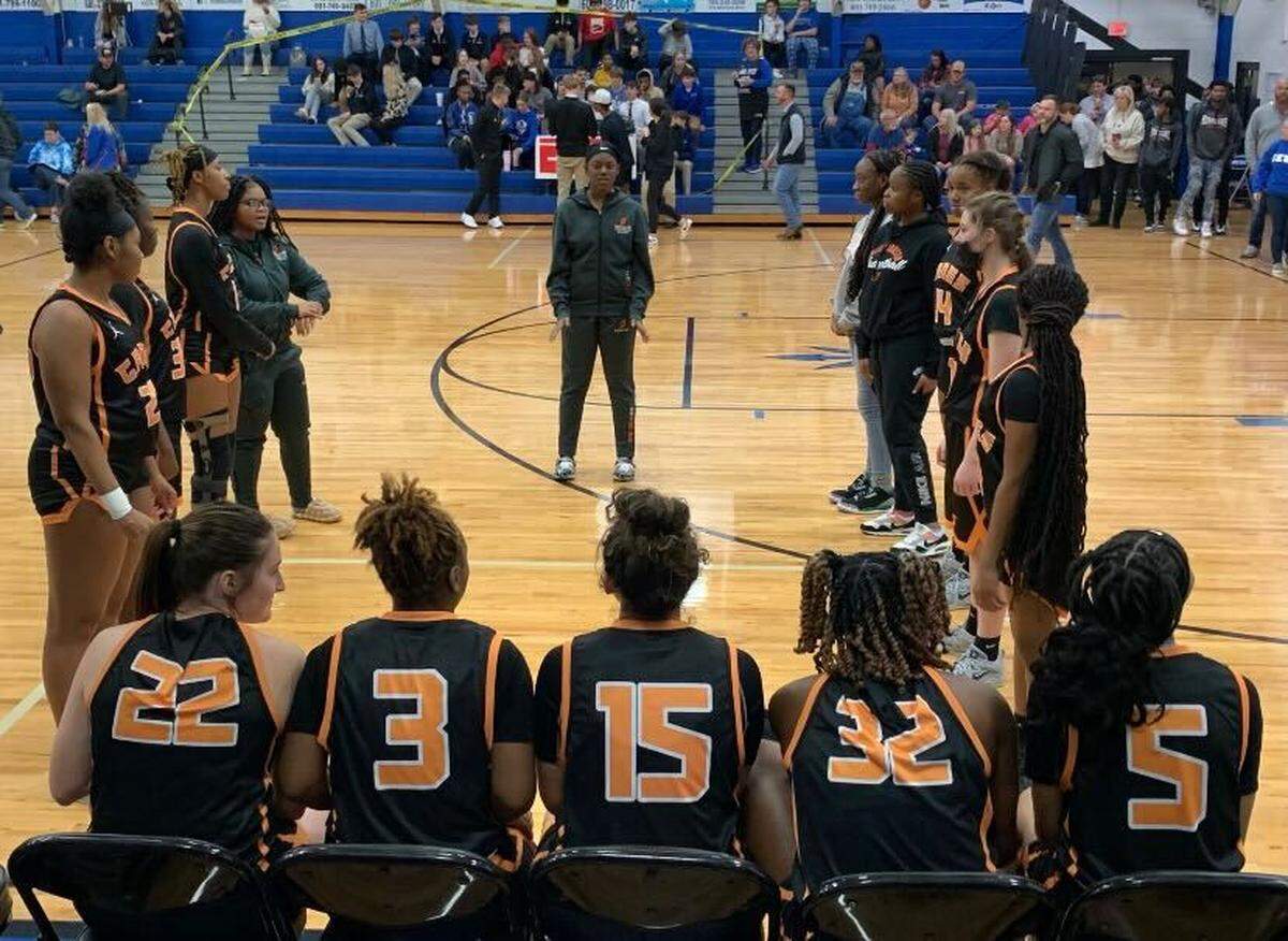 The West Harrison starting lineup prepares for a game during the 2022-2023 season.