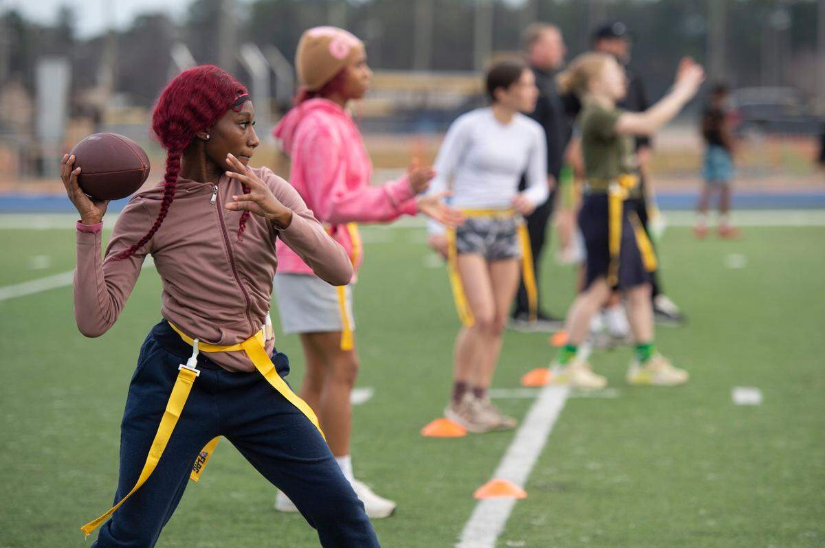 St. Martin High School students try out for the inaugural flag football team at St. Martin High School on Tuesday, Feb. 18, 2025.