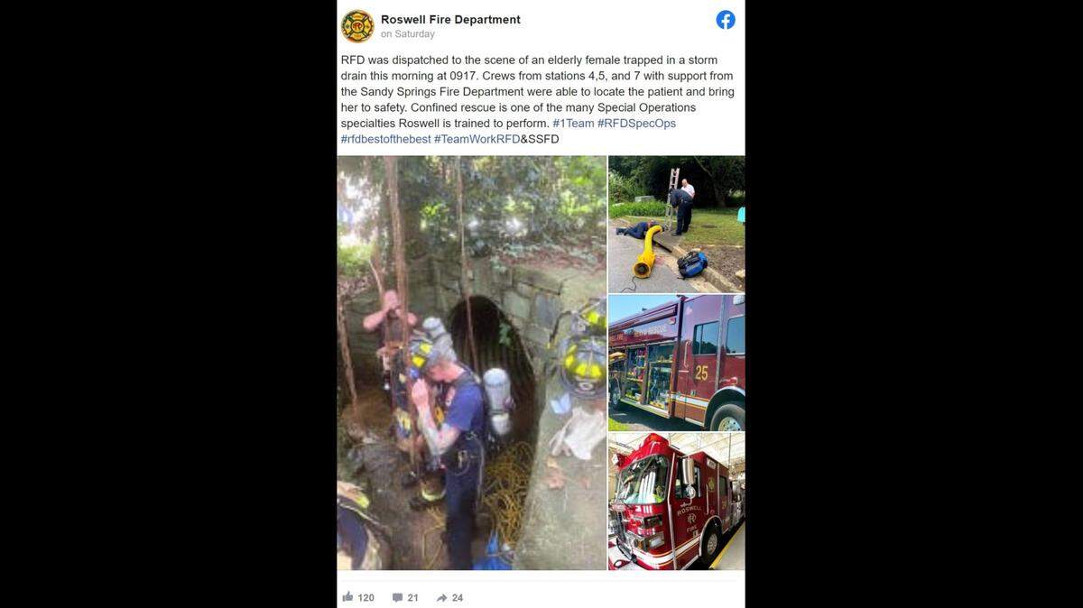 Firefighters in Roswell, Georgia rescued a woman who became trapped in a storm drain over the weekend.