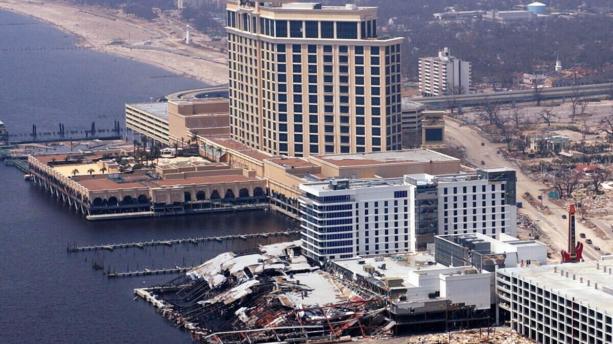 SUN HERALD FILE PHOTO 
 Beau Rivage Casino and Hard Rock Casino, right, after Hurricane Katrina. Beau Rivage reopened Aug. 29, 2006, a year after the storm, and Hard Rock at the end of June 2007.