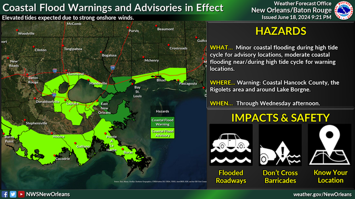Forecasters issued coastal flood warnings for parts of the Mississippi Coast.