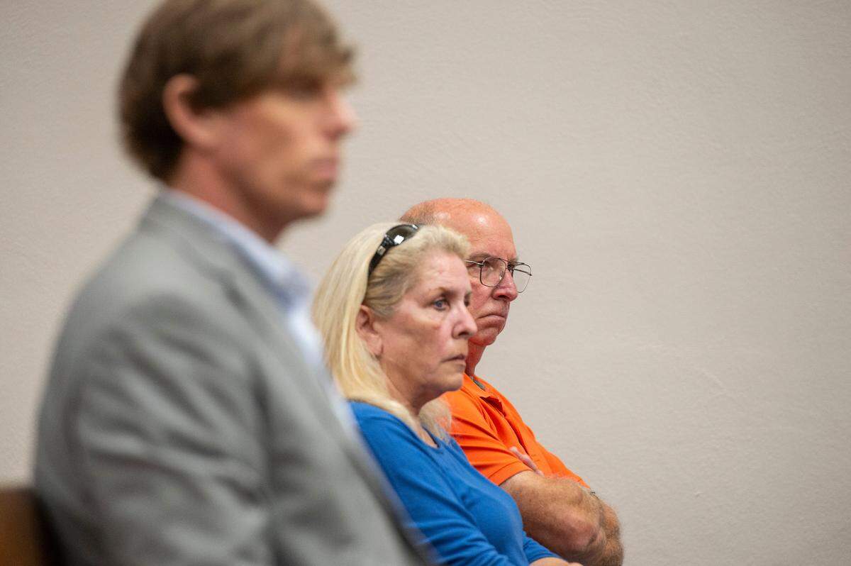 Cliff Kirkland’s sister, Nancy Boney, center, and her husband and former Biloxi fire chief, Joe Boney, right, sit in the courtroom in support of Cliff Kirkland during Kirkland’s trial for child molestation in Harrison County Circuit Court in Biloxi on Tuesday, May 17, 2022.