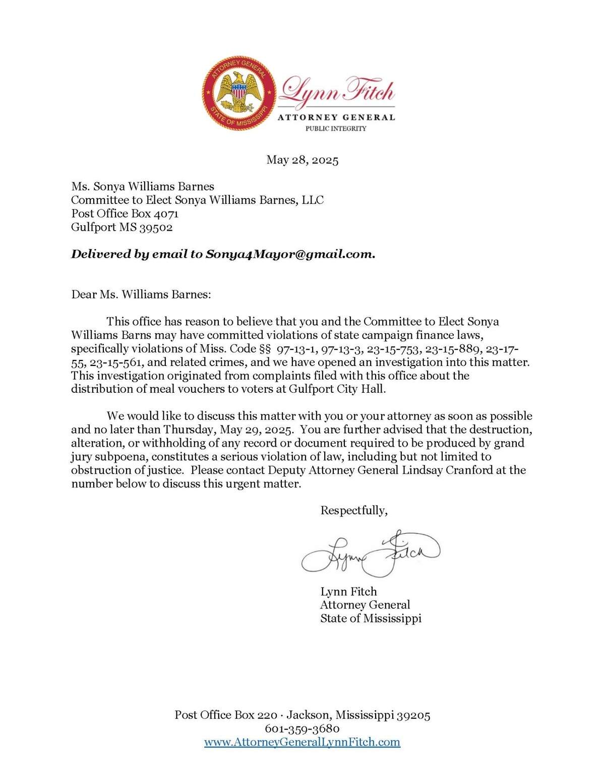 Letter from Mississippi Attorney General Lynn Fitch to Gulfport mayoral candidate Sonya Williams Barnes