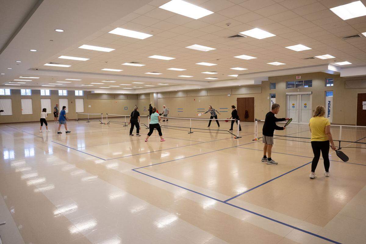 Senior citizens play pickleball at the Lobouy Senior Center in Harrison County on Wednesday, Jan. 14, 2026.