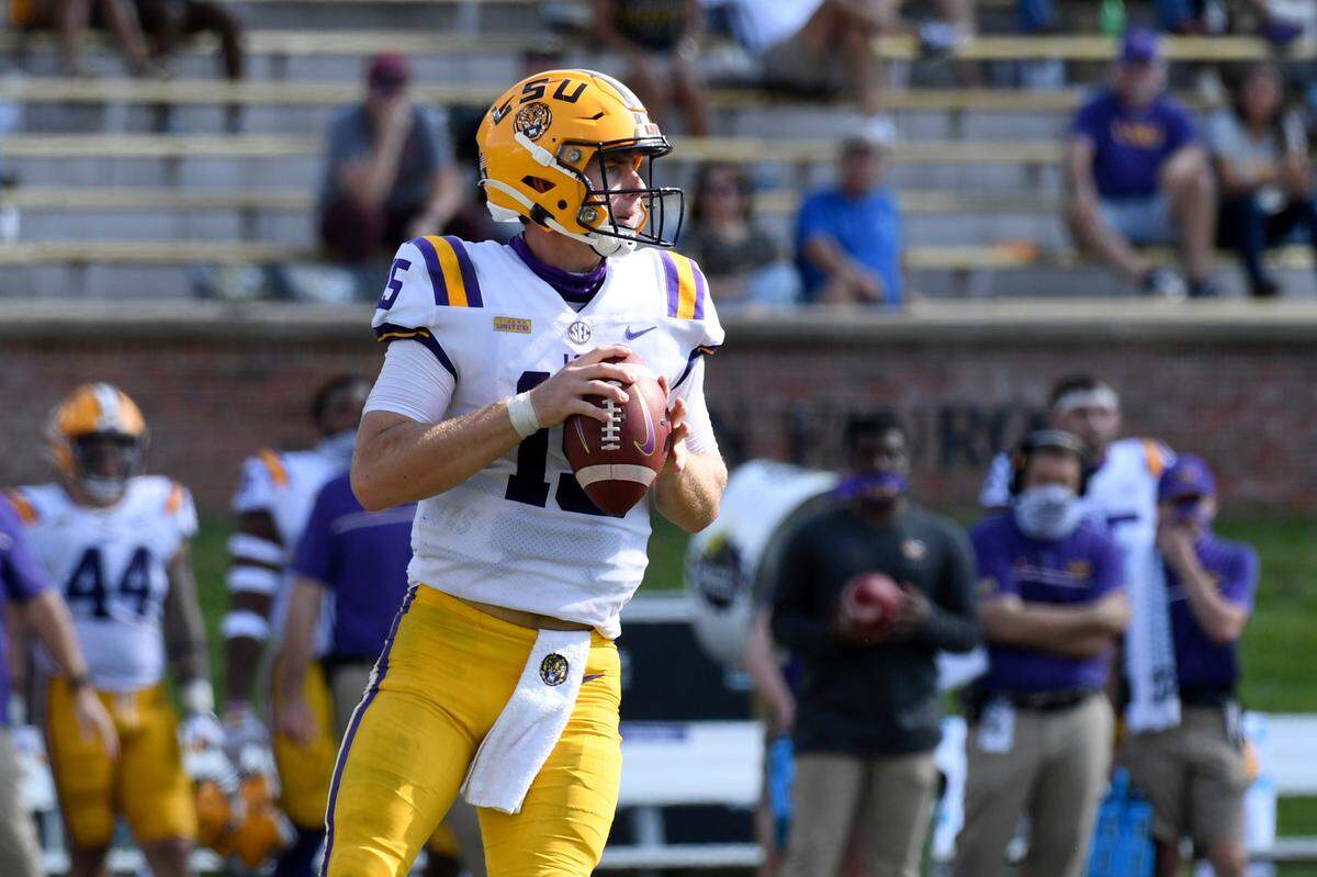 LSU quarterback Myles Brennan looks to pass during the second half of an NCAA college football game against Missouri Saturday, Oct. 10, 2020, in Columbia, Mo. Missouri upset LSU 45-41.