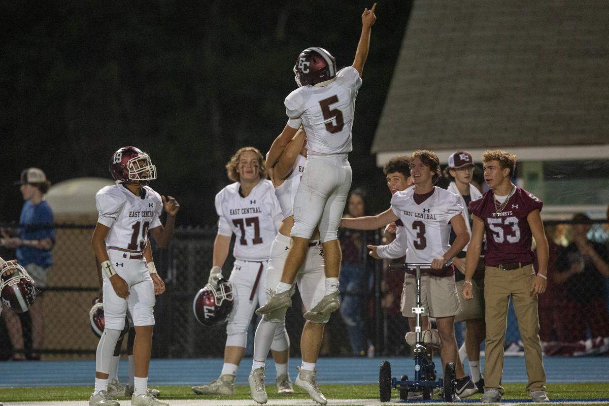 East Central’s Grey Bradley (#5) celebrates with his teammates after scoring during a game between Vancleave and East Central at Vancleave Football Stadium in Vancleave on Thursday, Nov. 3, 2022.
