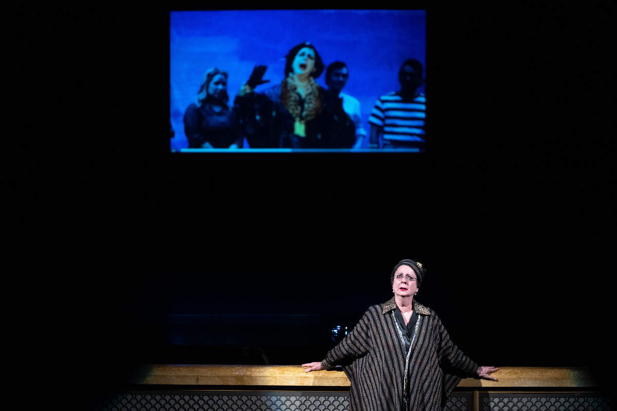 Terese Evans reenacts a recording of an opera song during a grand opening celebration at the Saenger Theatre in Biloxi on Saturday, June 6, 2026.