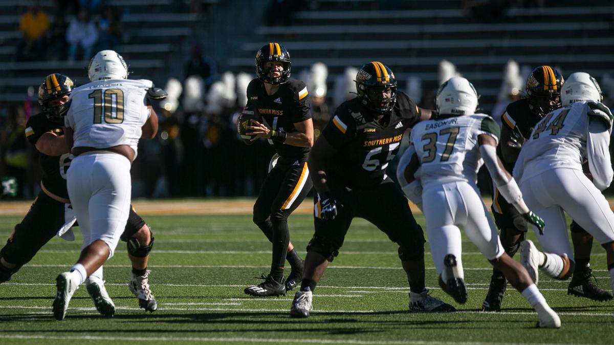 Southern Miss quarterback Jake Lange looks for a pass during a game against the UAB Blazers at M.M. Roberts Stadium in Hattiesburg on Saturday, Oct. 16, 2021.on Saturday, Oct. 16, 2021.