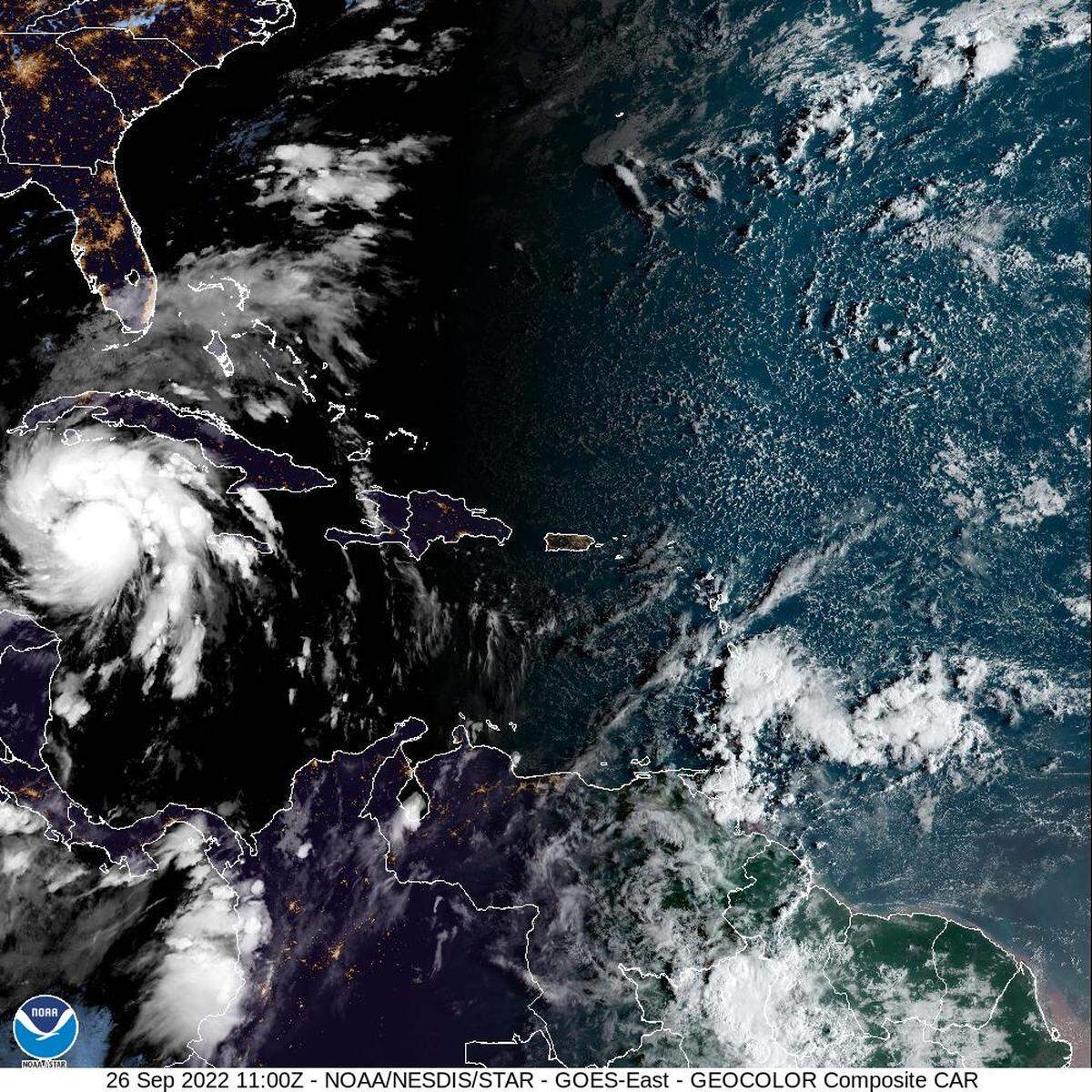 The satellite photo of Hurricane Ian shows its position in the Caribbean. It is expected to turn north Monday and head toward Florida as a major hurricane.