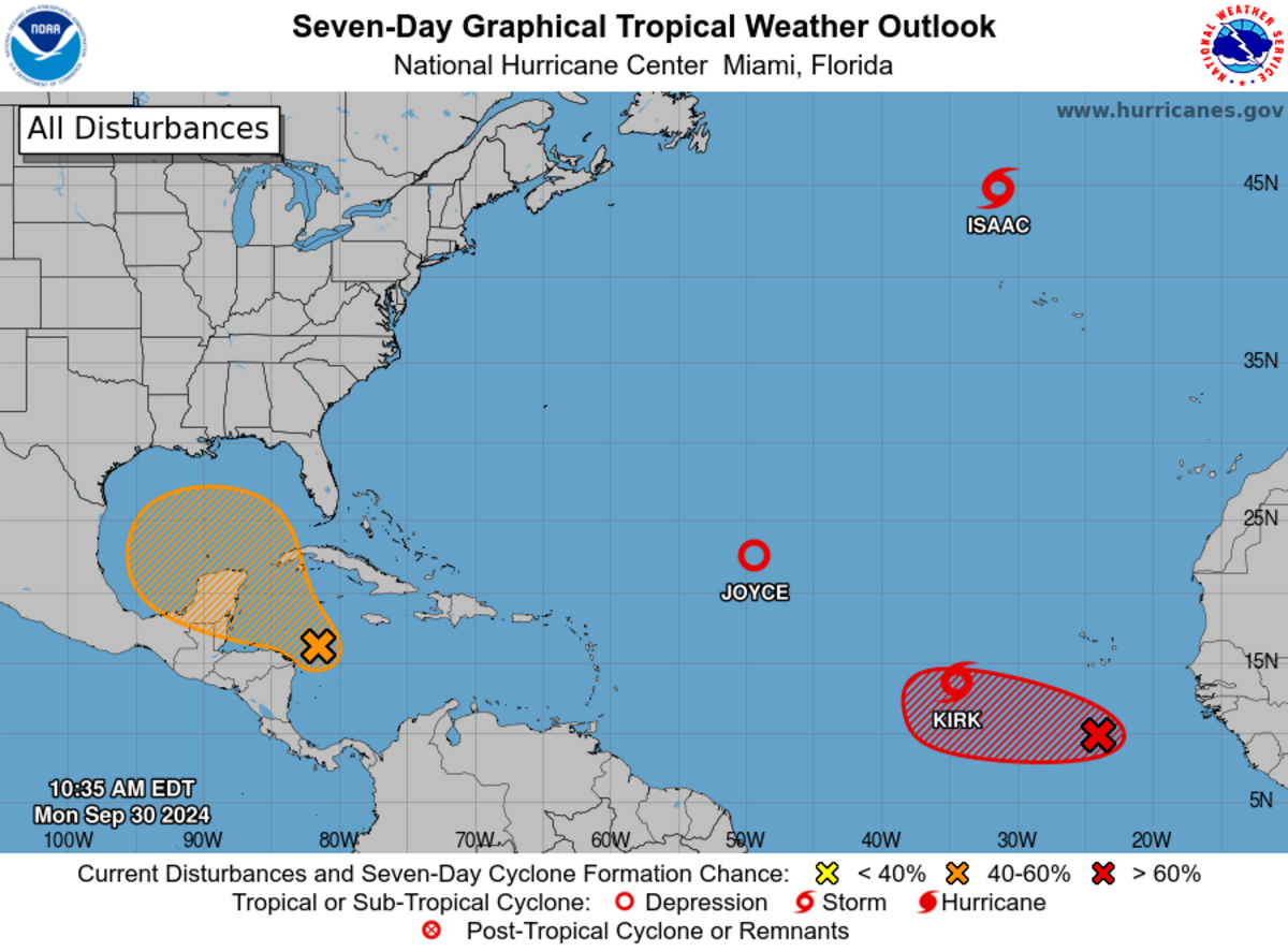 The National Hurricane Center is watching an area of low-pressure in the Caribbean Sea that has a 40 percent chance of development within seven days. Forecasters are also watching four systems in the Atlantic. None are immediately expected to near land.