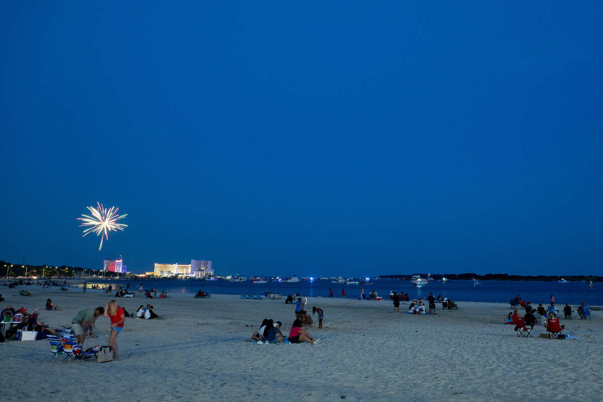 Fireworks are shot into the air during the annual show over the Mississippi Sound on Saturday, July 4, 2026.