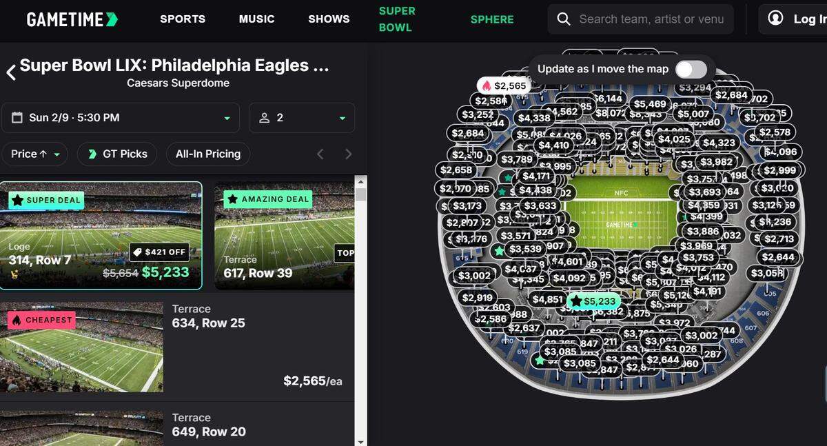 Like other online ticket sites, you can choose your seat and your price range on Gametime. Several tickets are still available to Sunday’s game.