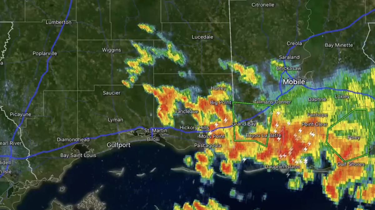 A line of thunderstorms is causing flooding at the rest area and welcome center near the Mississippi-Alabama state line.