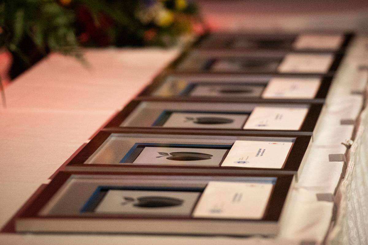 Awards sit on a table during the 2024 Leo W. Seal Innovative Teacher Grants Awards Luncheon at the Great Southern Club in Gulfport on Friday, Jan. 26, 2024.