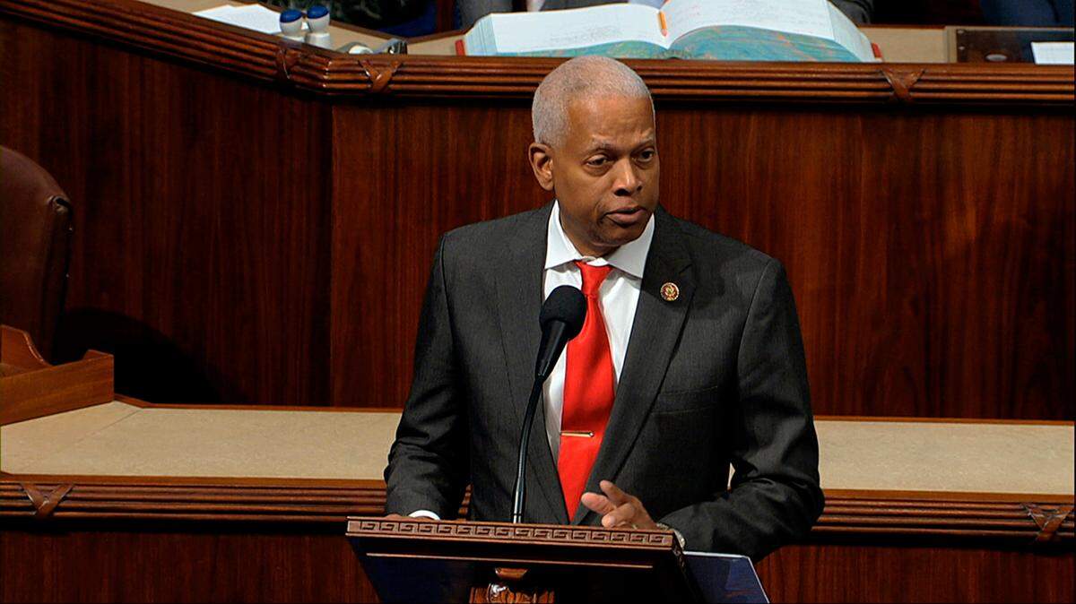 Rep. Hank Johnson, D-Ga., speaks as the House of Representatives debates the articles of impeachment against President Donald Trump at the Capitol in Washington, Wednesday, Dec. 18, 2019. (House Television via AP)