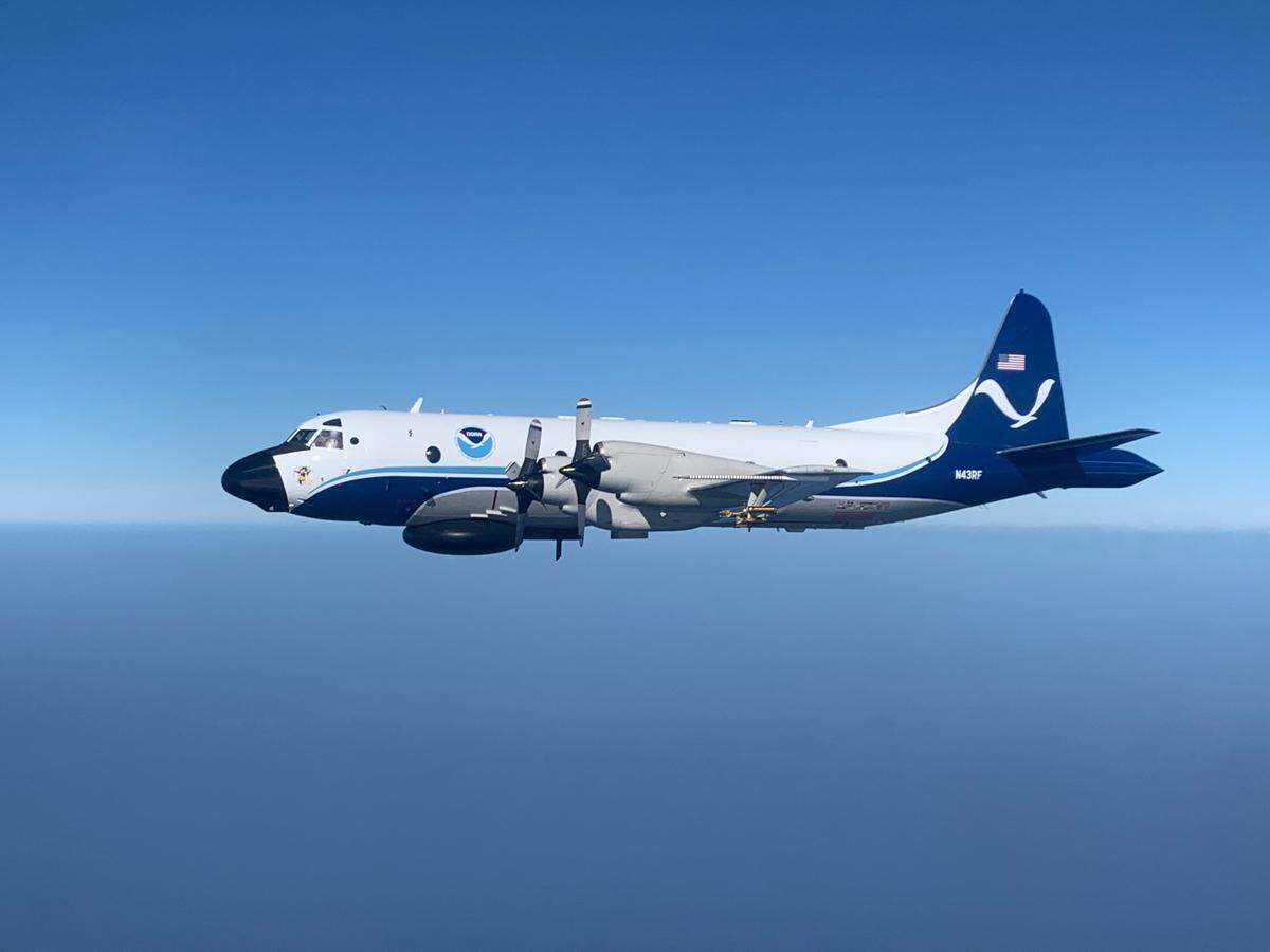A NOAA Hurricane Hunter plane takes flight in January 2020.