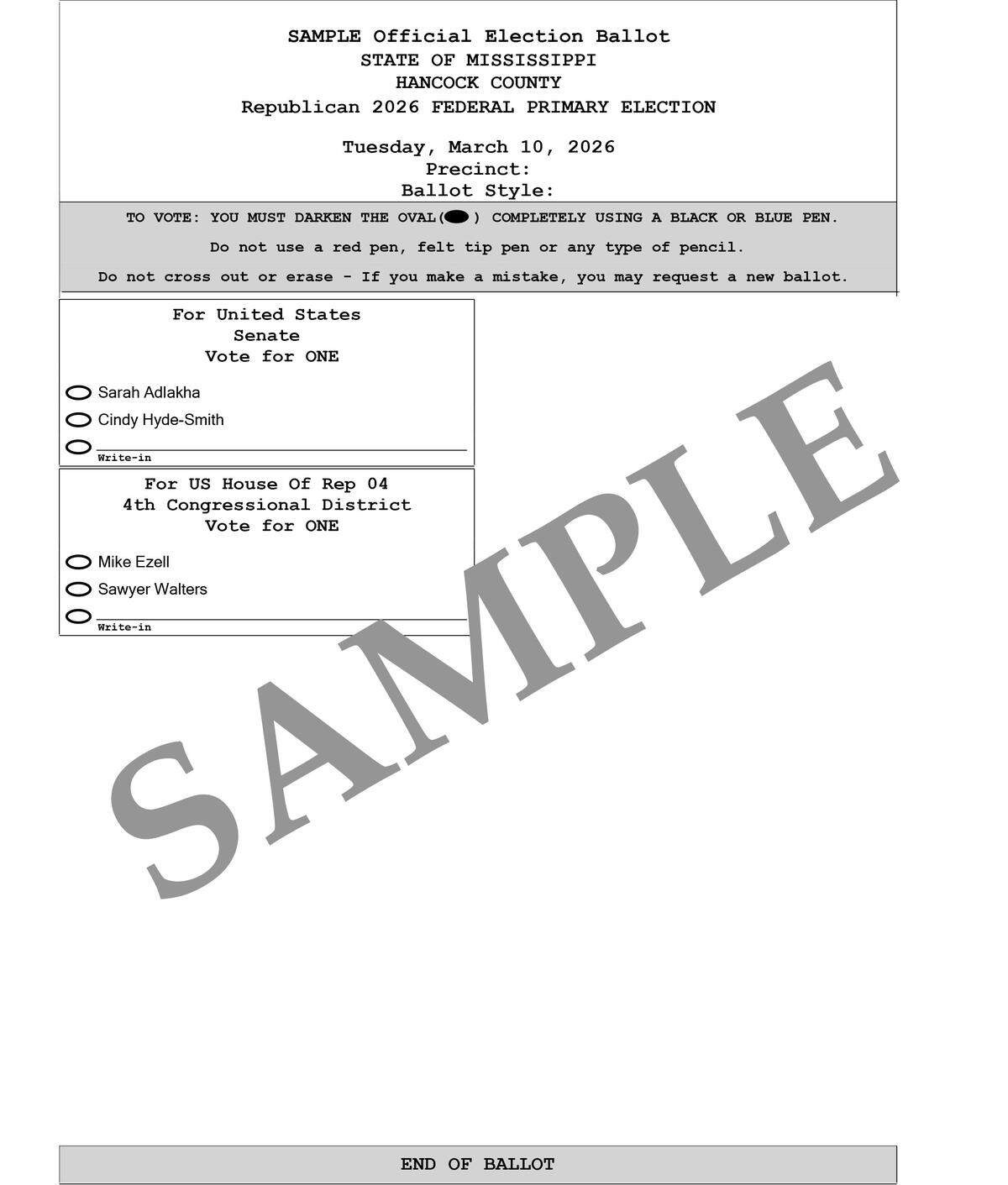 Sample ballot for the Republican primary election in Hancock County on March 10, 2026.