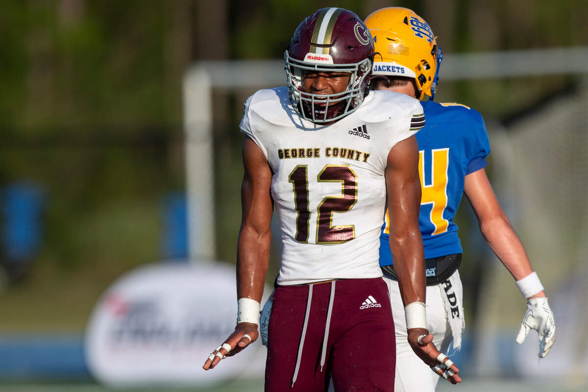 George County linebacker TJ Love reacts after a play during a Jamboree game against St. Martin at St. Martin High School in Ocean Springs on Friday, Aug. 23, 2024.