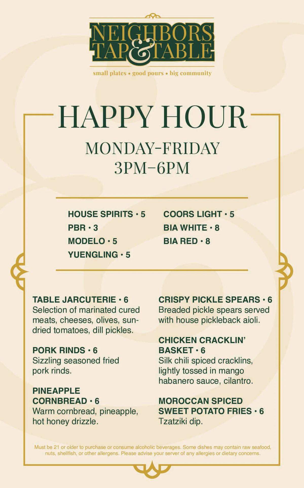The Happy Hour menu at Neighbors Tap & Table.