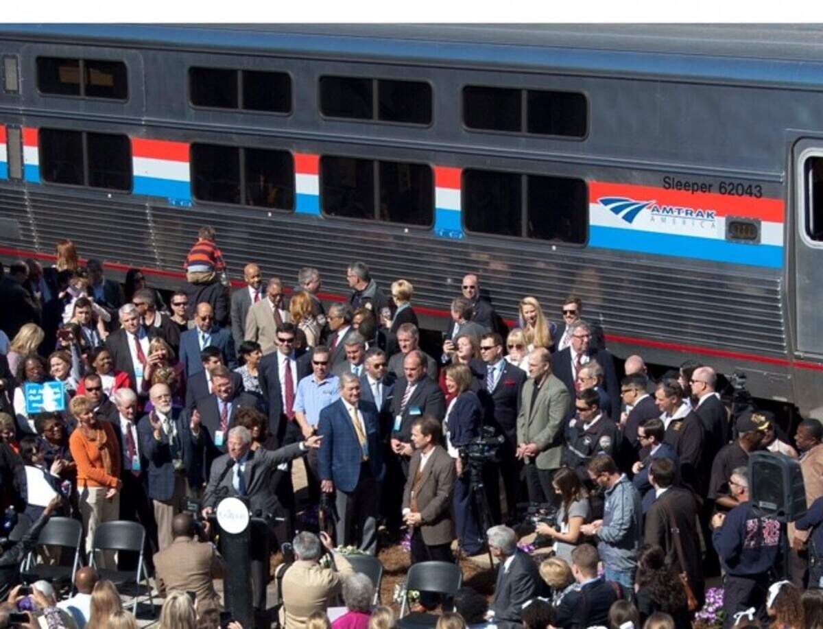 A group of people surround U.S. Sen. Roger Wicker and the Amtrak train that will return to South Mississippi and the Gulf Coast on Aug. 18. Wicker is among those who fought for restoration of passenger trains that haven’t run from New Orleans through South Mississippi and Mobile since Hurricane Katrina 20 years ago.