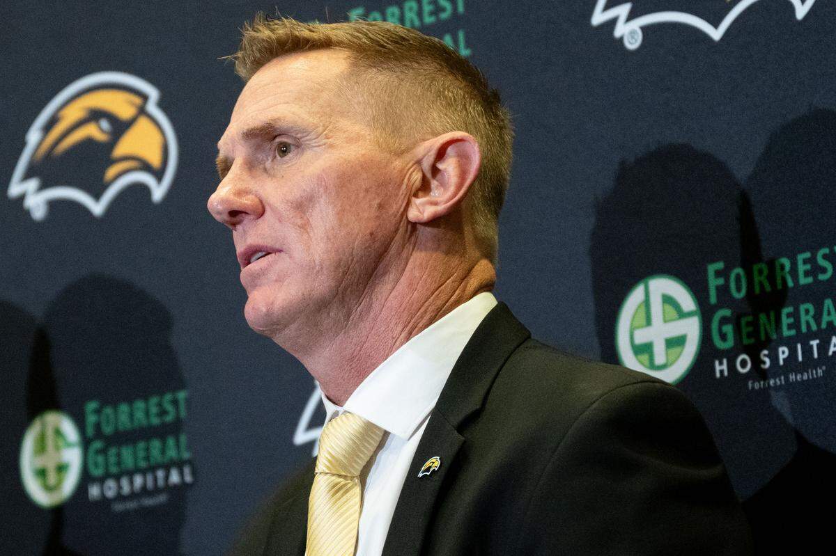 Southern Mississippi head coach Blake Anderson answers questions Monday.