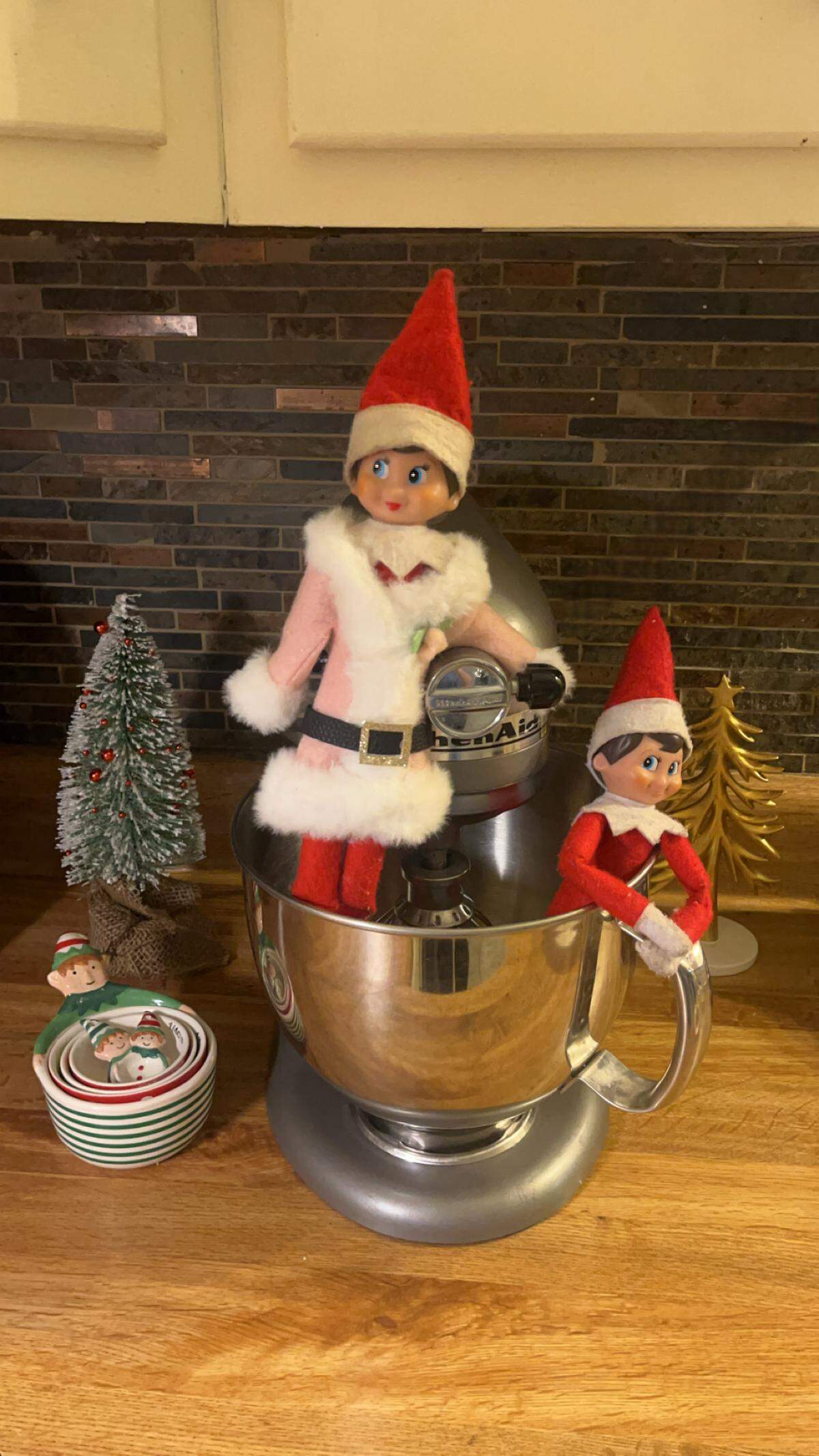 Scout elves Snowflake, left, and Elfie are shown in one of many places they’ll inhabit in the Gulfport home of Dillon and Teri Titus until Christmas. They’re reporting back to Santa nightly at the North Pole on how the Titus siblings — Sawyer, Nellie and Shep — are behaving during the holidays and land in a new spot each morning.