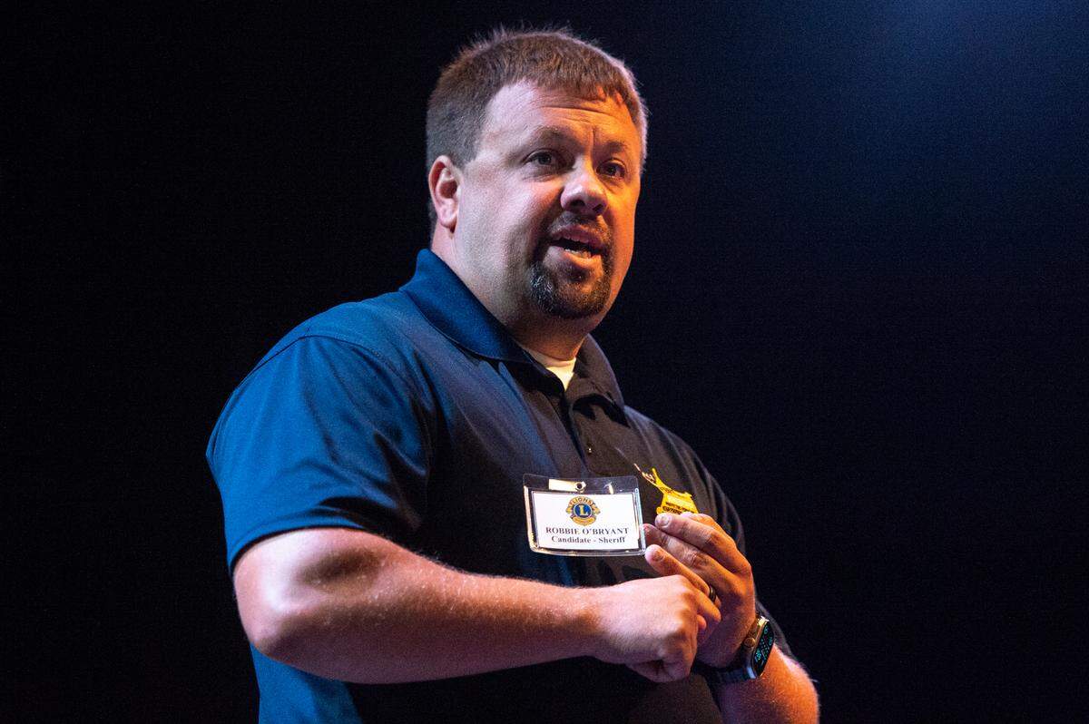 Jackson County Sheriff candidate Robbie O’Bryant speaks during a candidate’s forum at the Mary C O’Keefe Cultural Arts Center in Ocean Springs on Monday, July 31, 2023.