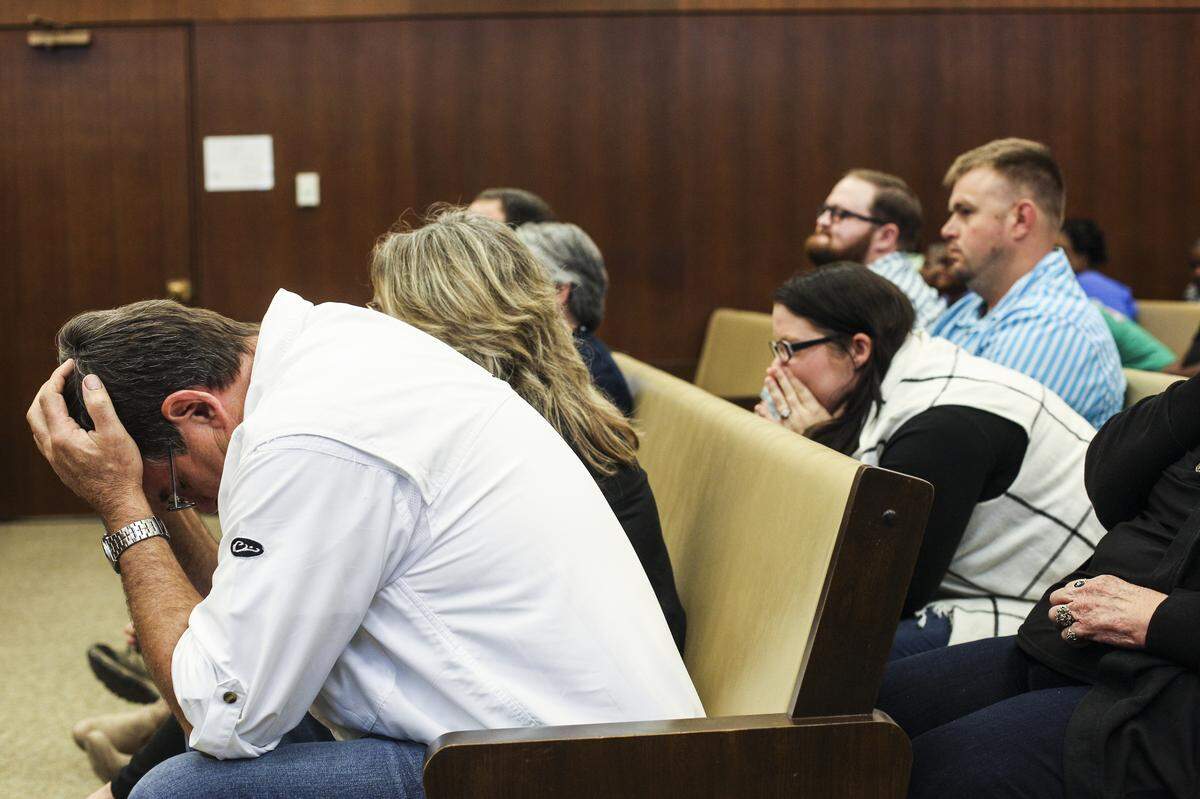 Ben Chambers, father of Jessica Chambers, listens during the retrial of Quinton Tellis on Thursday, Sept. 27, 2018, in Batesville, Miss. Tellis is accused of killing Jessica Chambers near a small Mississippi town in 2014. A jury couldn’t reach a verdict in Tellis’ first trial last year.