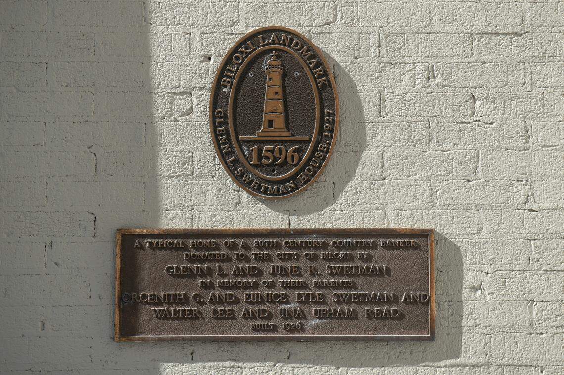 A plaque outside the Glenn Swetman House in Biloxi on Monday, Dec. 11, 2023, marks the home as a historical landmark. The home was purchased by the Lombardi-Bensons from the city of Biloxi earlier this year and renovated to be a private residence for the Lombardi-Bensons.