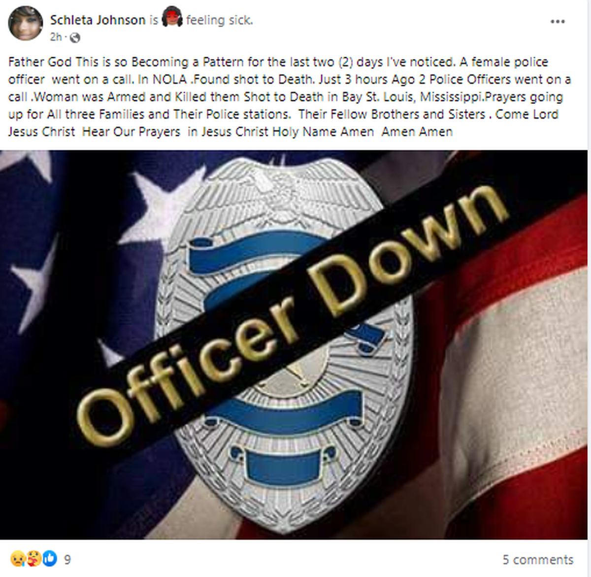 Mississippi Coast resident Schleta Johnson sends her prayers in a Facebook post Wednesday morning.
