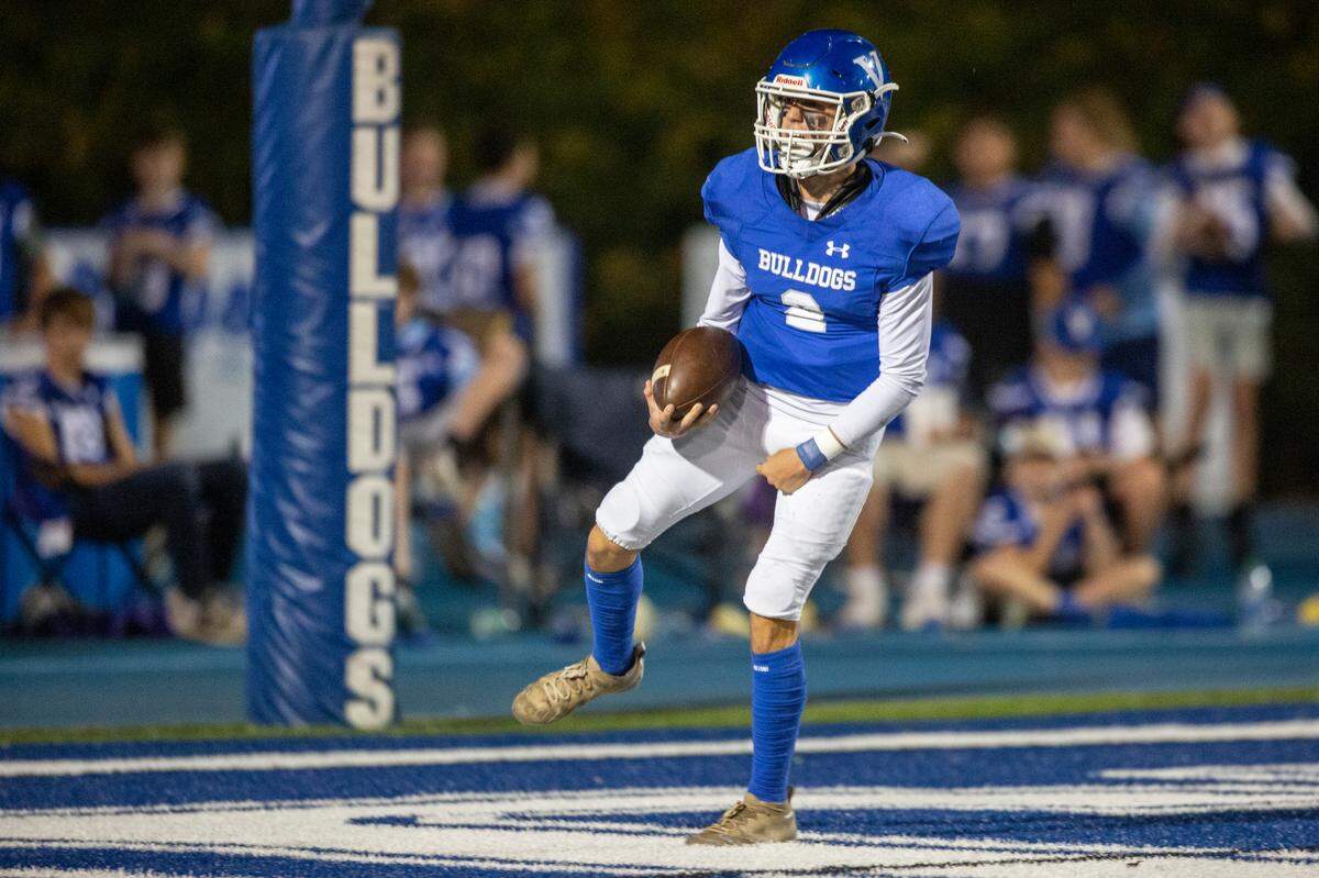 Vancleave’s Hunter Parker celebrates after scoring a touchdown during a game between Vancleave and East Central at Vancleave Football Stadium in Vancleave on Thursday, Nov. 3, 2022. The touchdown was later overturned due to a penalty.