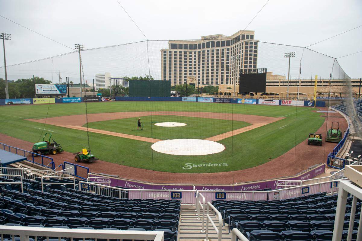 Groundskeepers maintain the field at Shuckers Ballpark on Friday, May 10, 2024. During offseason renovations, the infield was updated to specifications more similar to the Brewers’ Field.