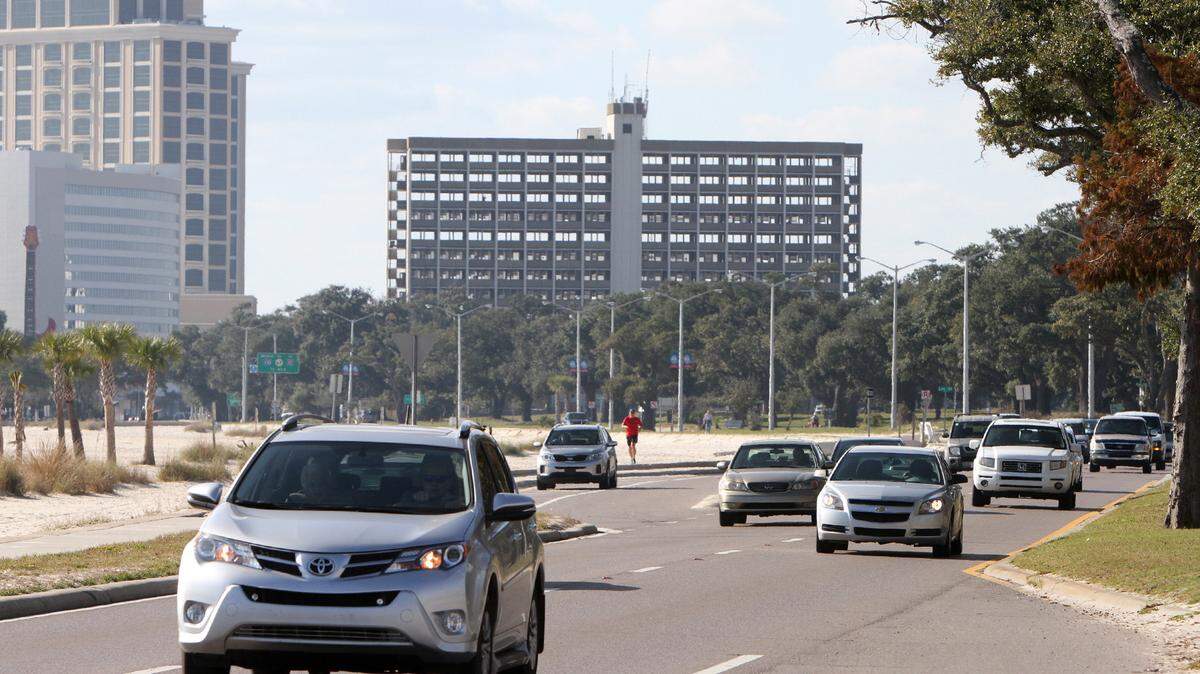 JOHN FITZHUGH/SUN HERALD 
 Renovation on the old Santa Maria del Mar in Biloxi, center, on Monday Dec. 7, 2015. The former retirement home could be converted into luxury apartments or hotel.