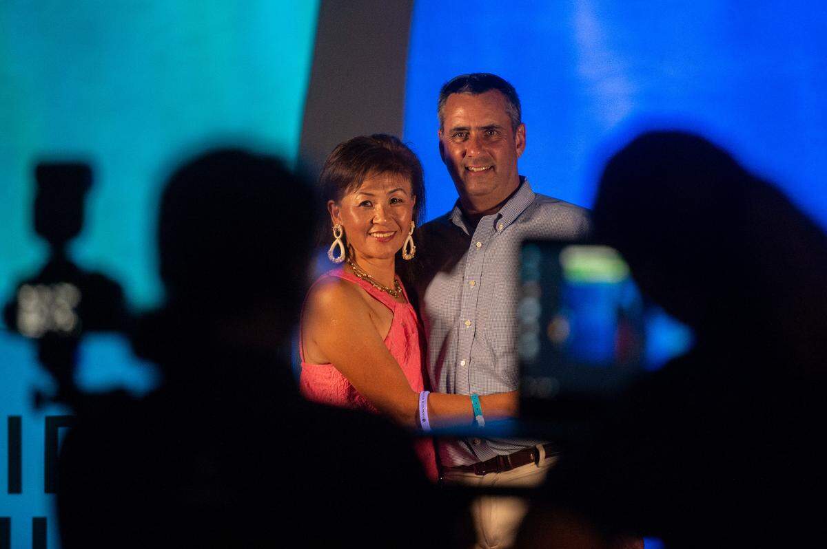 Kurt Allen, right, CEO of the Mississippi Aquarium poses for a photo during a VIP event at the Mississippi Aquarium during the Sea of Stars drone show in Gulfport on Friday, Oct. 1, 2021.