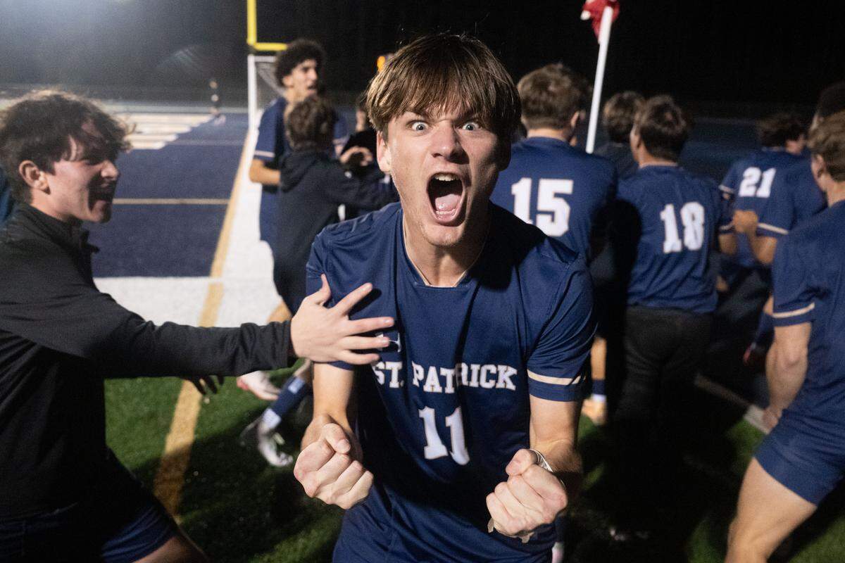 St. Patrick’s Gage Anderson (11) celebrates after his team scores in overtime during a soccer game at St. Patrick Catholic High School on Tuesday, Feb. 17, 2026