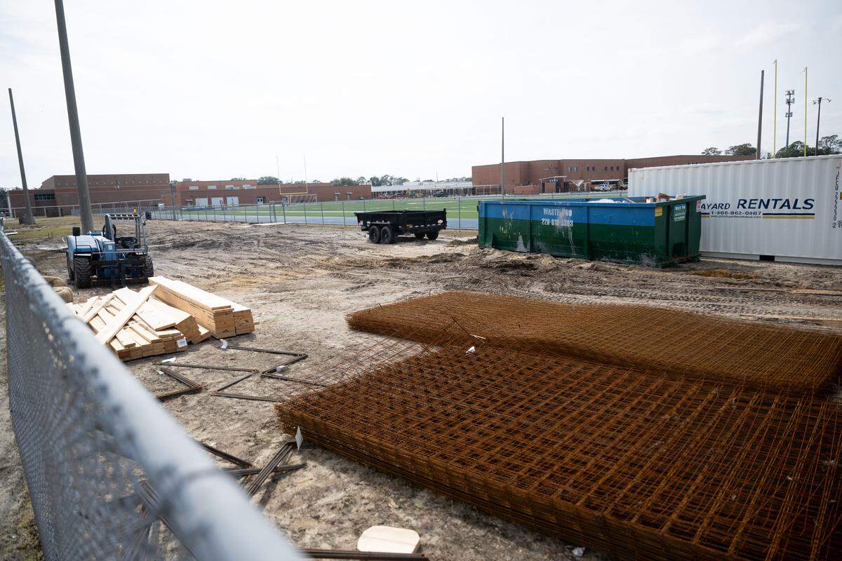 Landscaping and construction is performed on the Gulfport High School track and football field on Wednesday, Feb. 4, 2026.