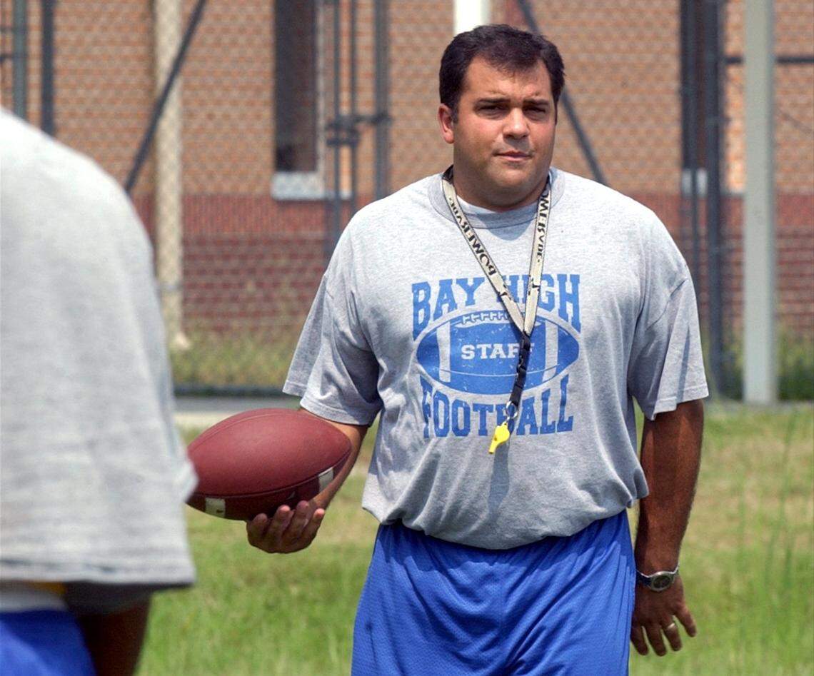 Bay High coach Brenan Compretta during practice on Aug 8, 2005, in Bay St. Louis, just weeks before Hurricane Katrina.