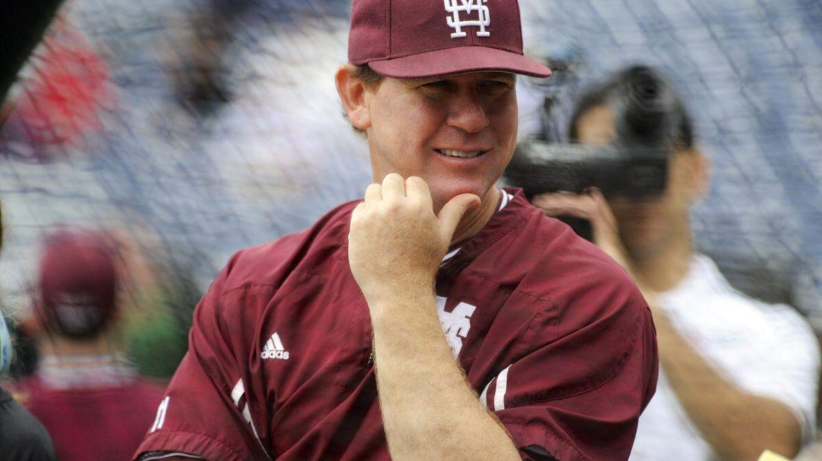 Mississippi State coach John Cohen watches during NCAA college baseball practice at TD Ameritrade Park in Omaha, Neb., Friday, June 14, 2013. Mississippi State plays Oregon State in the opening game of the College World Series on Saturday. (AP Photo/Eric Francis)