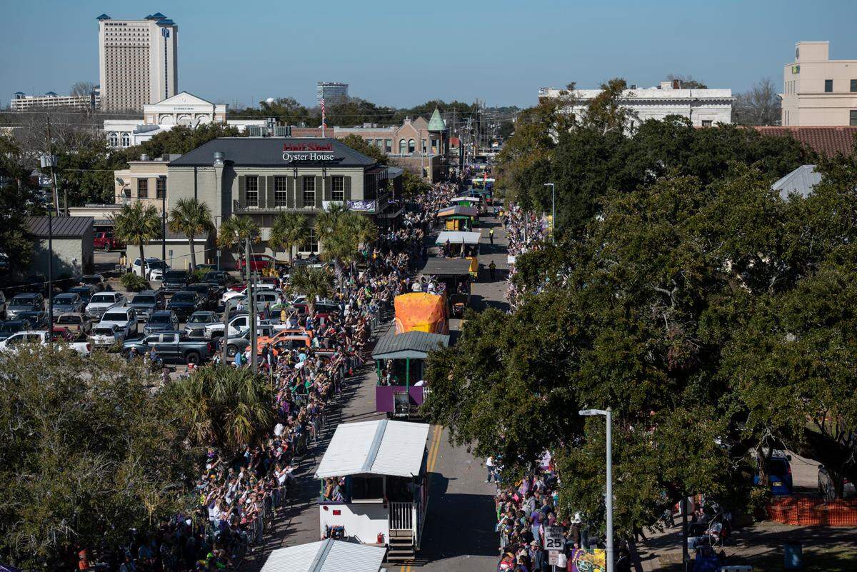 Floats parade down Lameuse Street during the Gulf Coast Carnival Association’s Mardi Gras parade in Biloxi on Tuesday, Feb. 13, 2024.