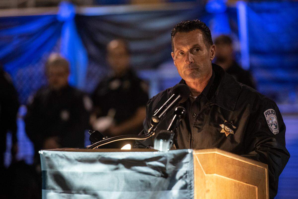 Bay St. Louis Police Chief Toby Schwartz speaks during a candlelit vigil for Bay St. Louis Sgt. Steven Robin and officer Branden Estorffe at Tiger Stadium in Bay St. Louis on Thursday, Dec. 15, 2022. Robin and Estorffe were killed on Wednesday when a woman shot both of them.