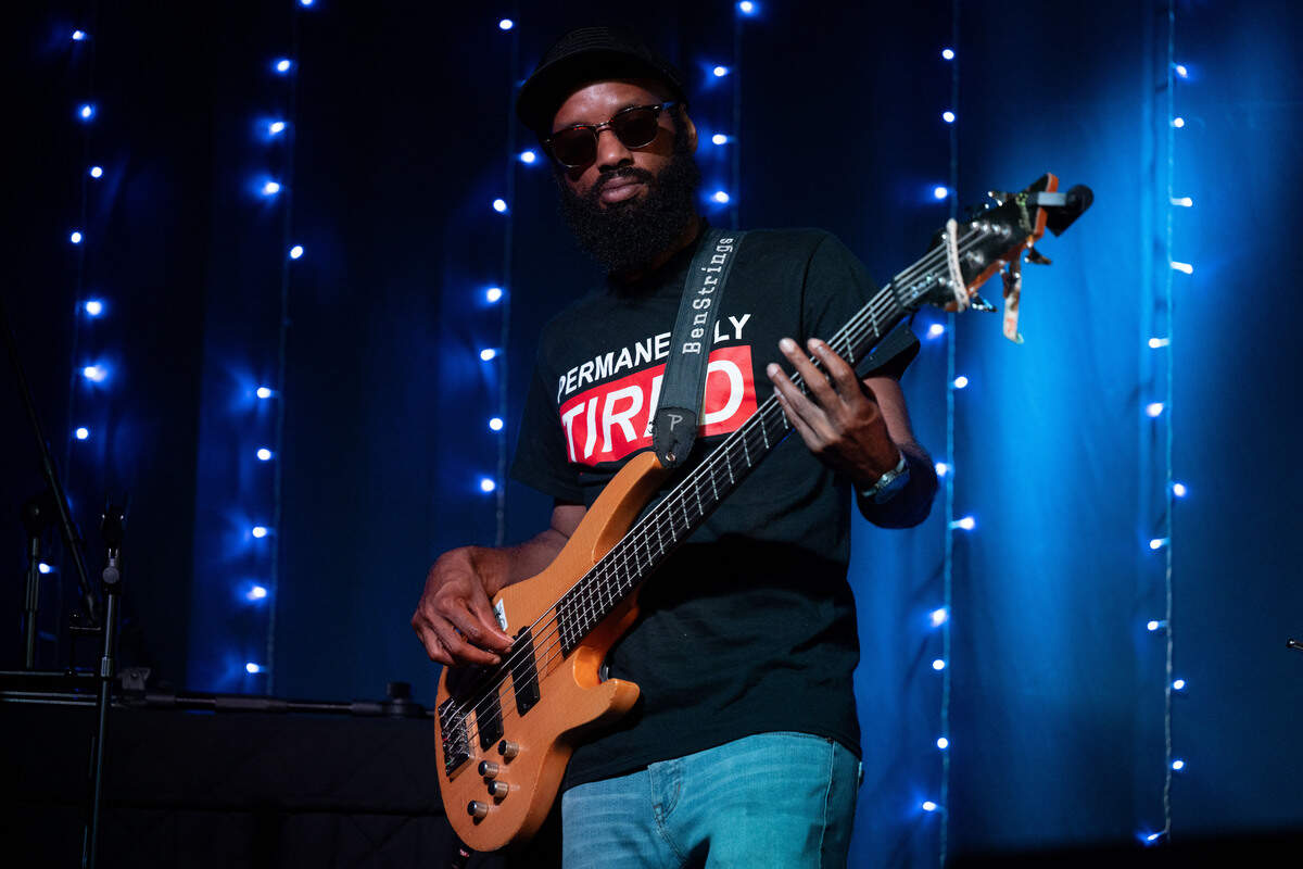 Ben Sterling plays the bass guitar during a Juneteenth celebration at 100 Men Hall in Bay St. Louis on Friday, June 19, 2026.
