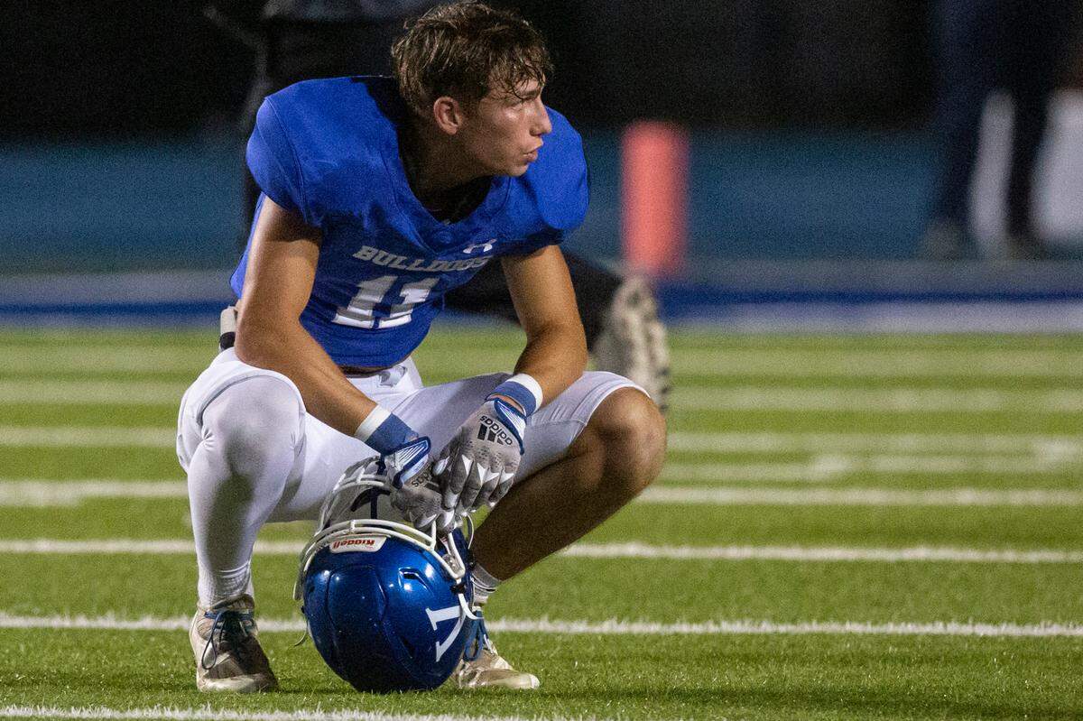 Vancleave’s Gavin Dedeaux reacts after Vancleave loses a game against East Central at Vancleave Football Stadium in Vancleave on Thursday, Nov. 3, 2022.