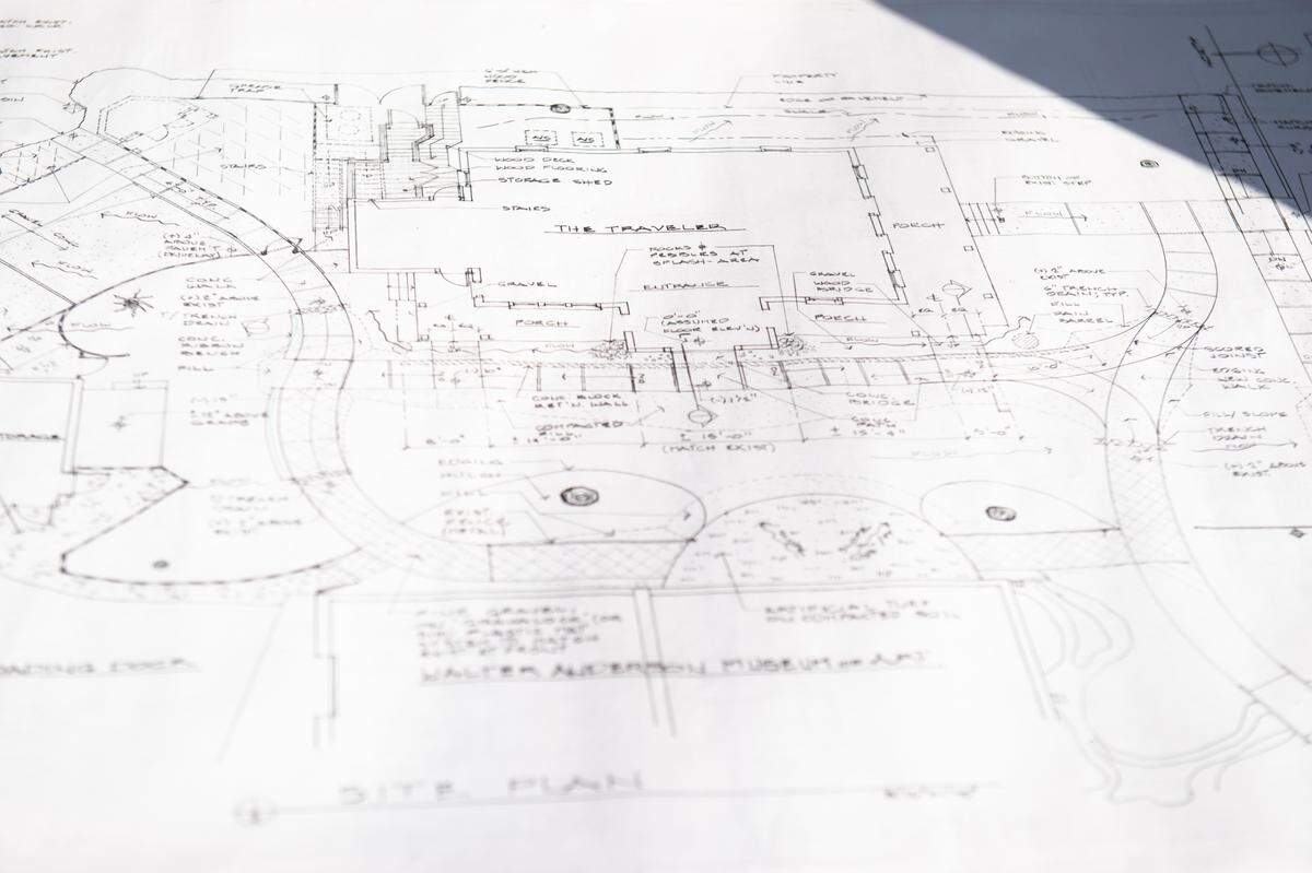 Blueprints show the design to transform a house into The Traveler at Walter Anderson Museum of Art in Ocean Springs.