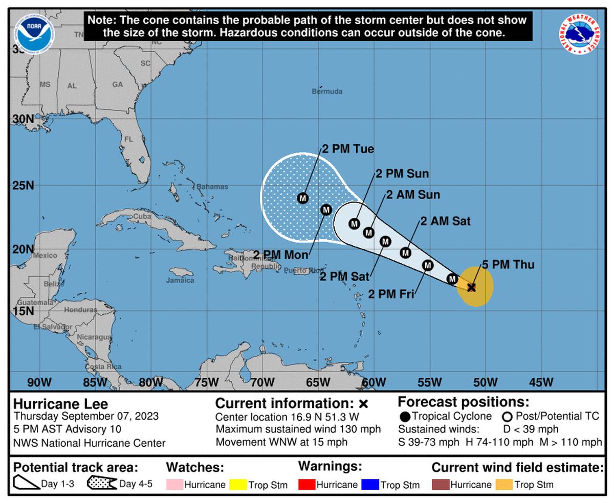 The National Hurricane Center said Hurricane Lee would rapidly intensify into the weekend and bring dangerous rip currents to the Caribbean and East Coast.