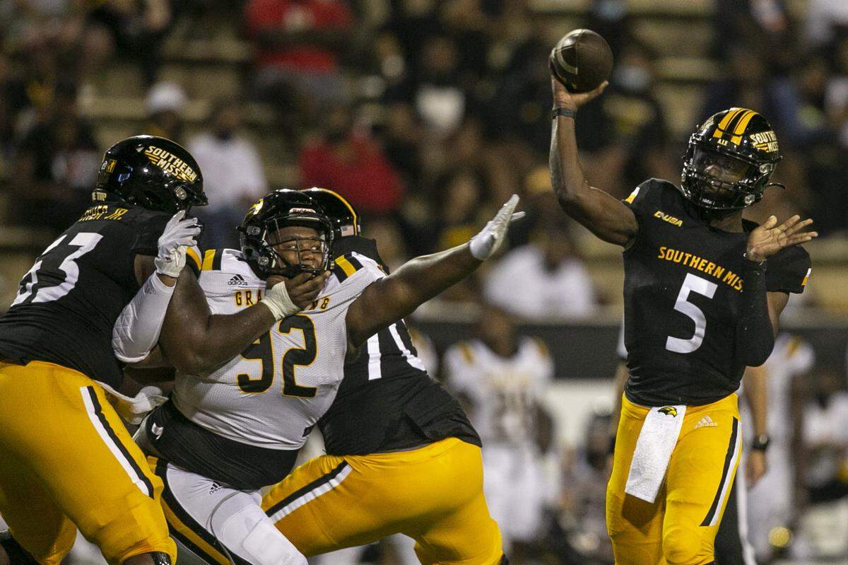Southern Miss’s Ty Keyes throws a pass during the Southern Miss versus Grambling State game on Saturday, Sept. 11, 2021.