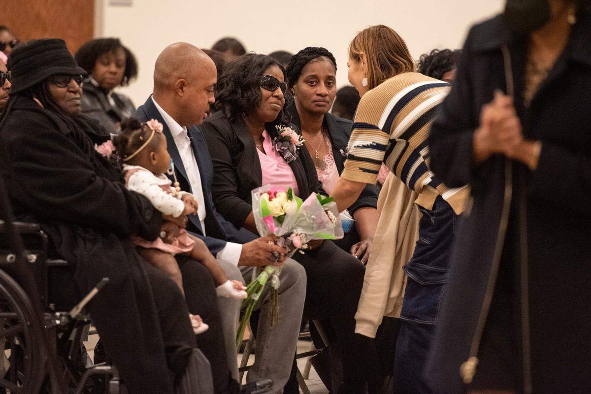 The family of Ni’Kyra Dedeaux greet mourners during her funeral at Lyman Community Center in Gulfport on Friday, Jan. 10, 2025. Dedeaux was killed in an alleged terrorist attack on Bourbon Street in New Orleans on Jan. 1.